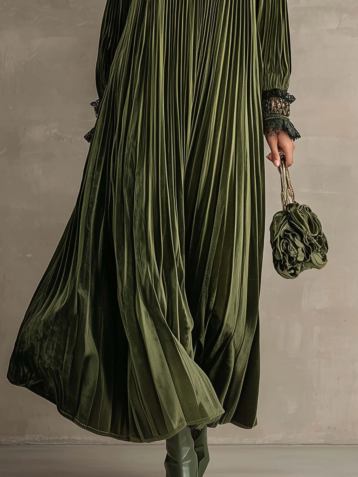 Olive Green Pleated Maxi Dress With Floral Shoulder Detail