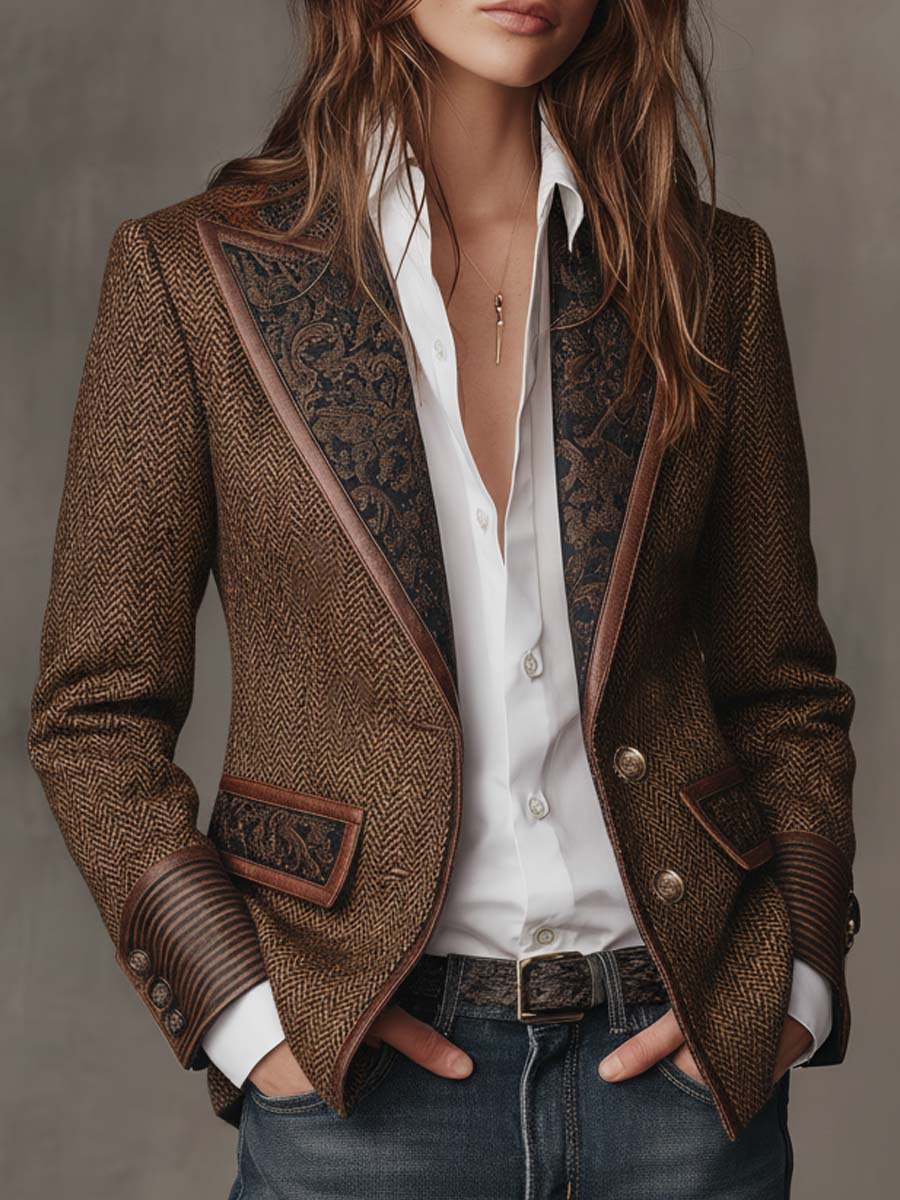 Houndstooth Women's Blazer with Printed Panels