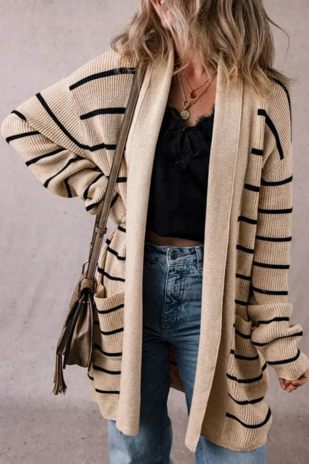 Striped Open Cardigan with Long Sleeves