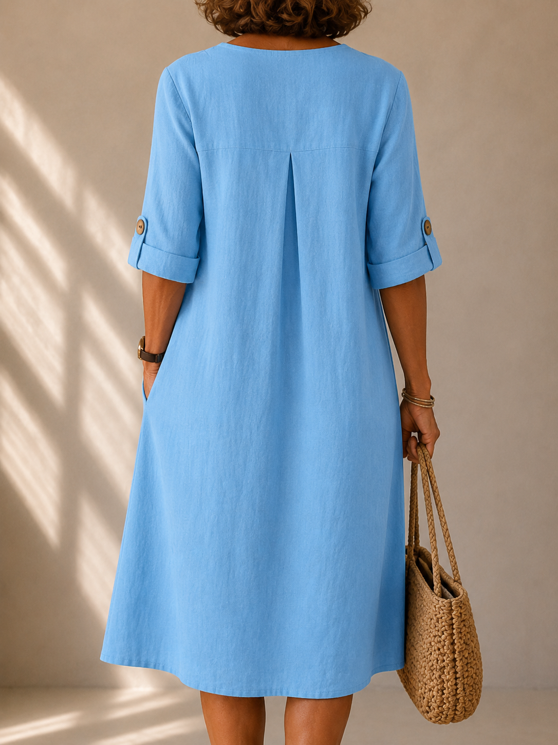 Marisol | Button-Front Midi Dress with Roll-Tab Sleeves