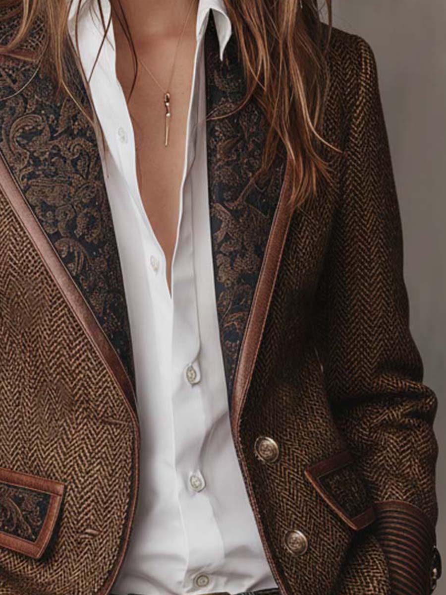 Houndstooth Women's Blazer with Printed Panels