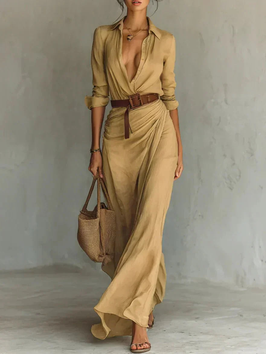Camille | Lapel Maxi Dress with Belt – Wells & Rose