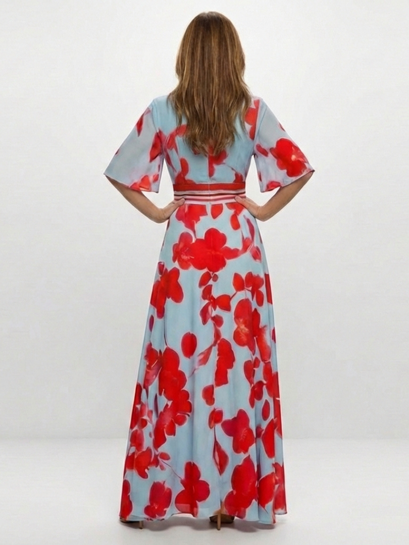 Ellis & Johnson™  | V Neck Short Sleeve Floral Maxi Dress