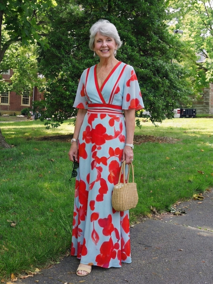 Ellis & Johnson™  | V Neck Short Sleeve Floral Maxi Dress