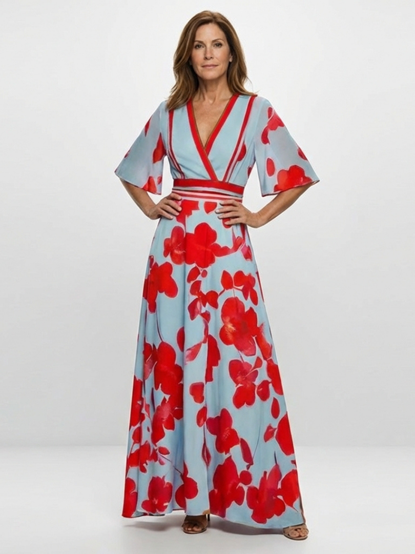 Ellis & Johnson™  | V Neck Short Sleeve Floral Maxi Dress