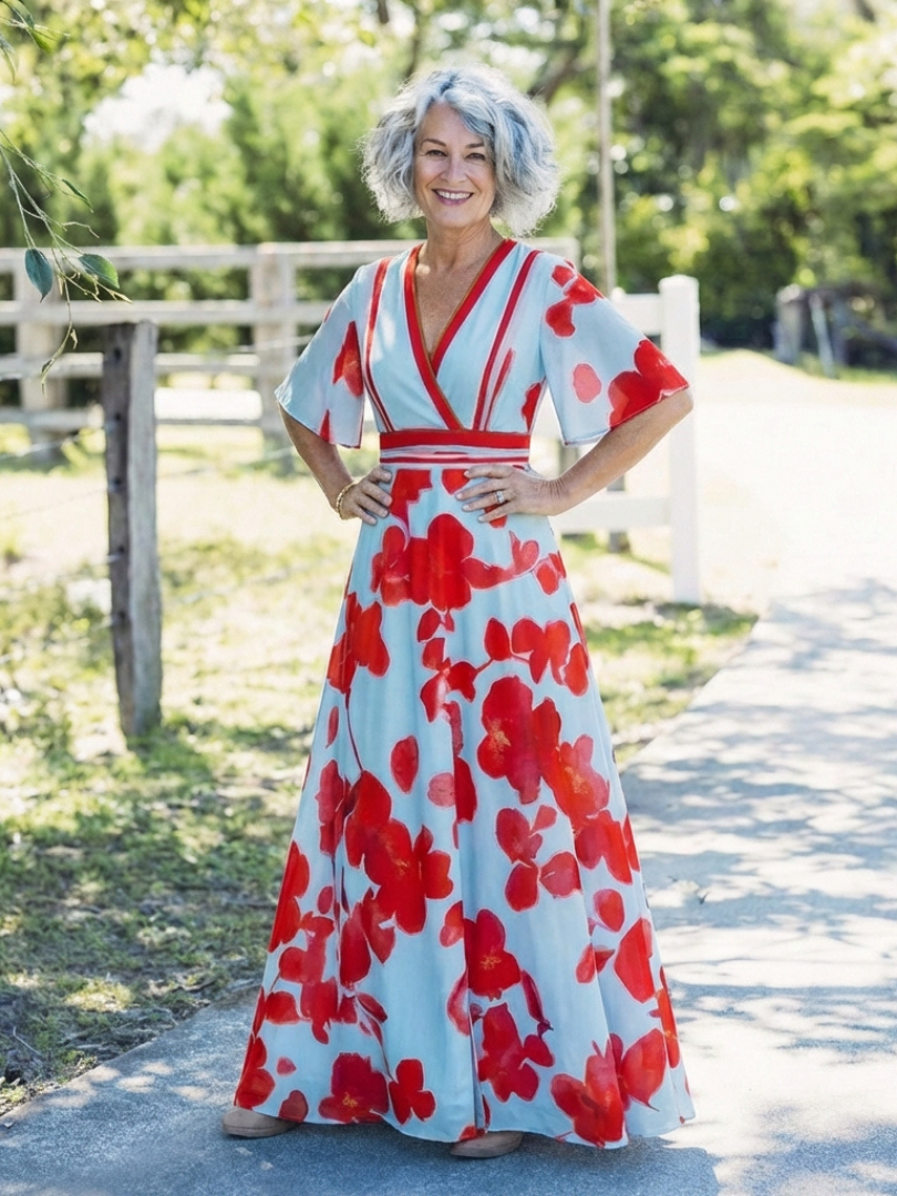 Ellis & Johnson™  | V Neck Short Sleeve Floral Maxi Dress