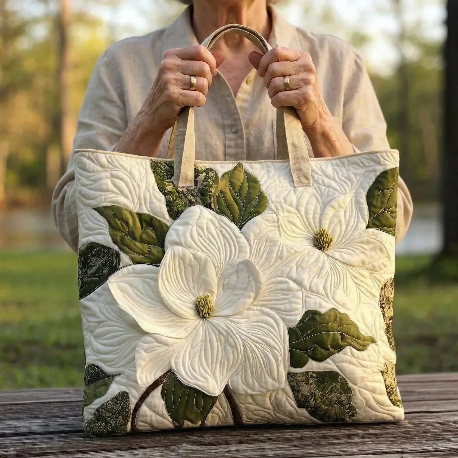 Artisanal Quilted Tote Bag - Elegant White Lily
