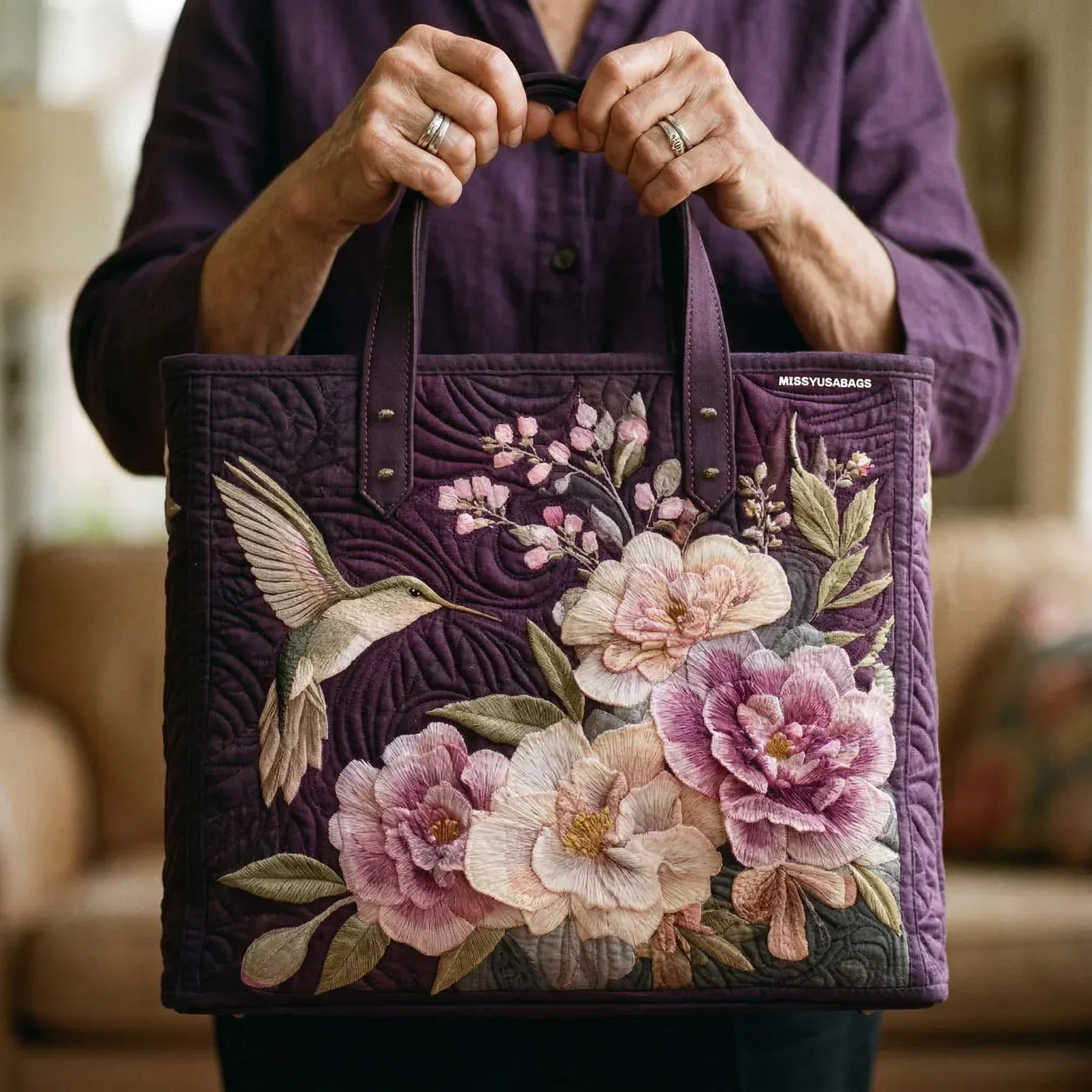 Artisanal Quilted Tote - Hummingbird and Orchid