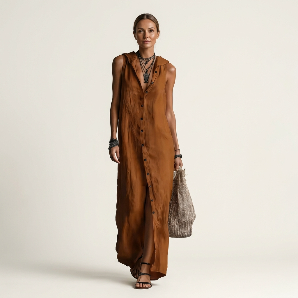 VALENTINA | HOODED BUTTON-FRONT SLEEVELESS LINEN MAXI DRESS