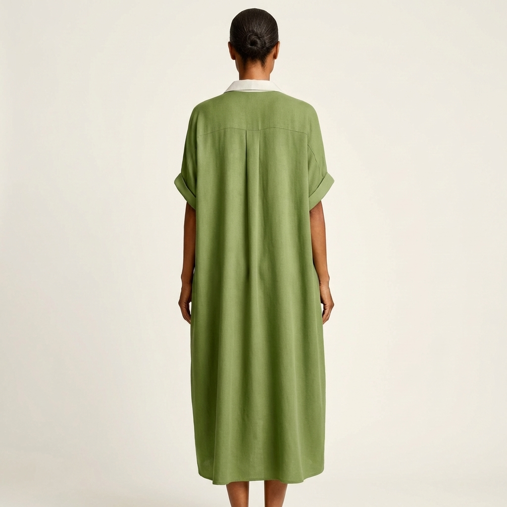 ISOLDE | CONTRAST-COLLAR BUTTON-FRONT SHORT-SLEEVE MAXI SHIRT DRESS