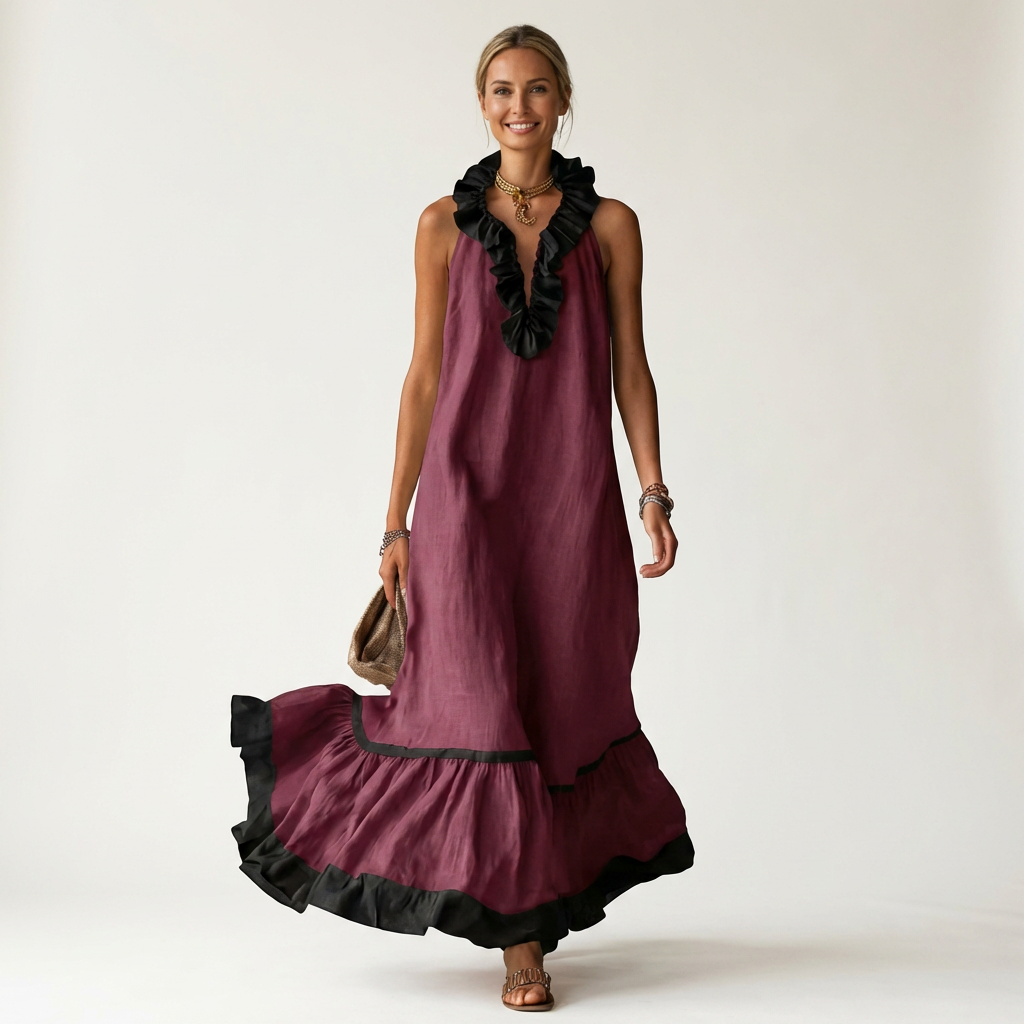 SERAPHINA | SLEEVELESS RUFFLE-NECK CONTRAST-TRIM MAXI DRESS