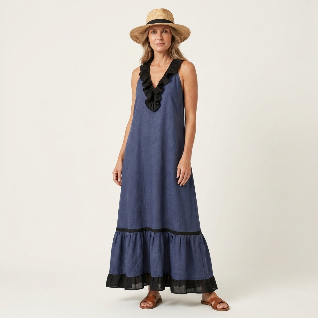 SERAPHINA | SLEEVELESS RUFFLE-NECK CONTRAST-TRIM MAXI DRESS