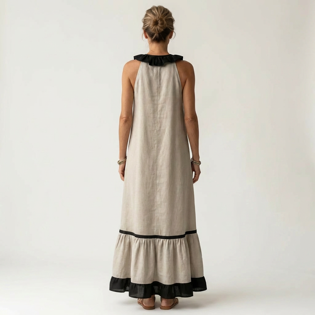 SERAPHINA | SLEEVELESS RUFFLE-NECK CONTRAST-TRIM MAXI DRESS