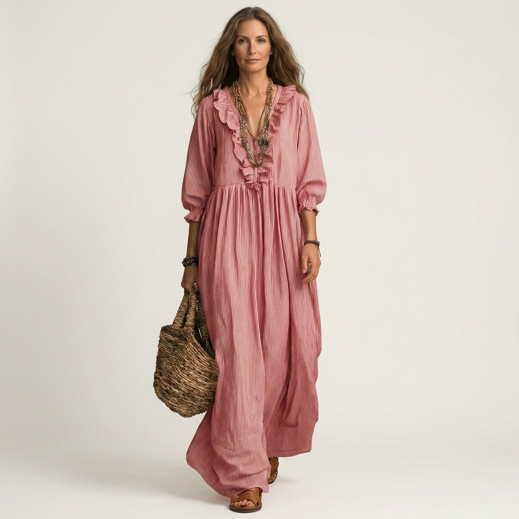 PALOMA | RUFFLE V-NECK STRIPED LANTERN-SLEEVE MAXI DRESS