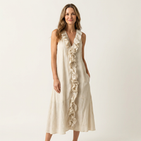 VIOLETTE | RUFFLE-FRONT V-NECK SLEEVELESS LINEN MAXI DRESS