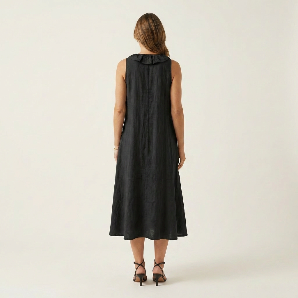 VIOLETTE | RUFFLE-FRONT V-NECK SLEEVELESS LINEN MAXI DRESS