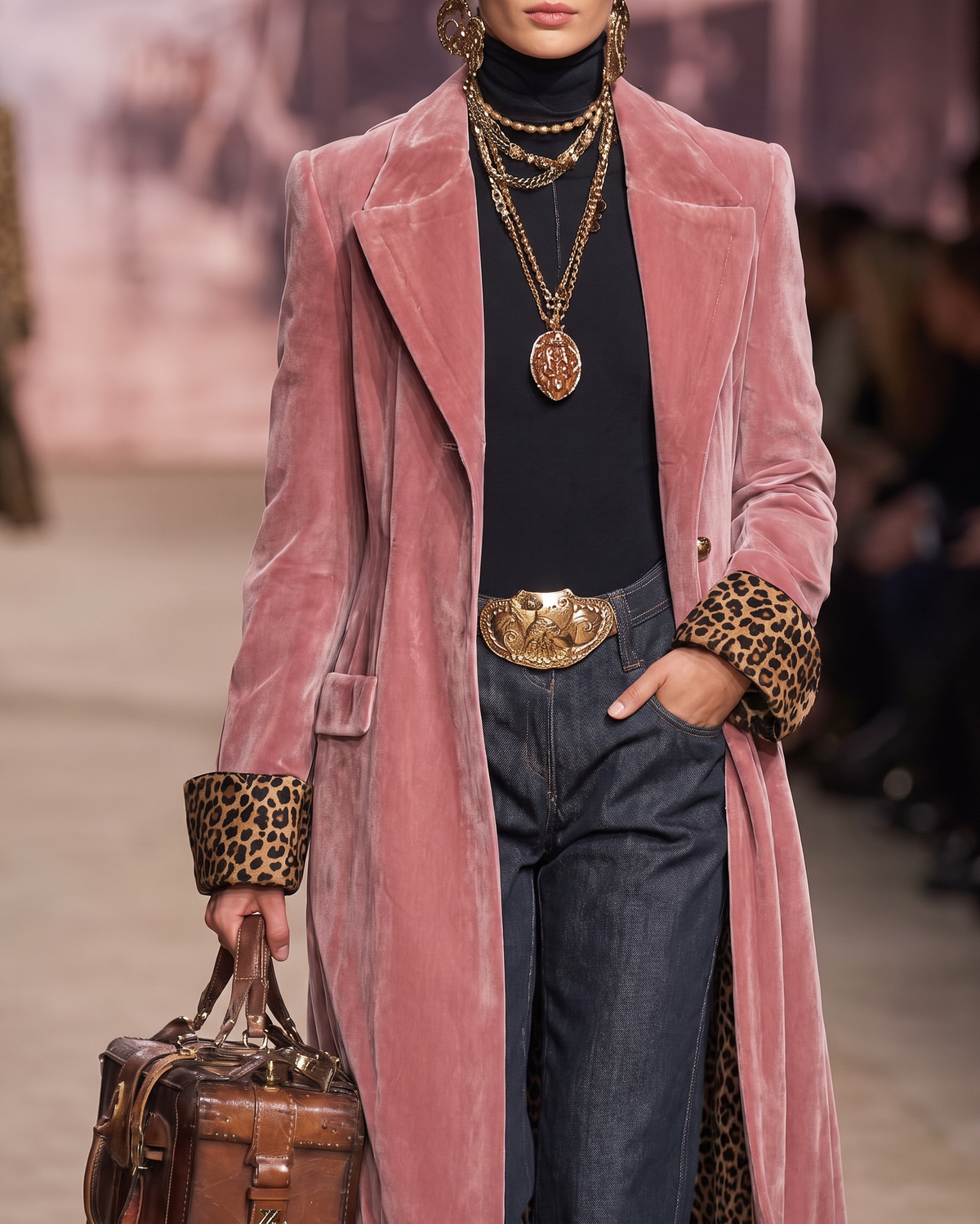 Alejandra | Long Velvet Coat with Leopard Lining