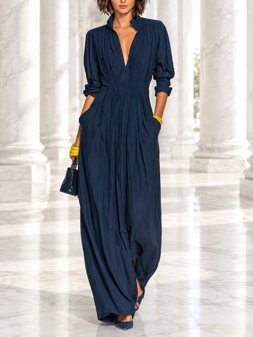 ALMA | Navy Pleated Maxi Dress