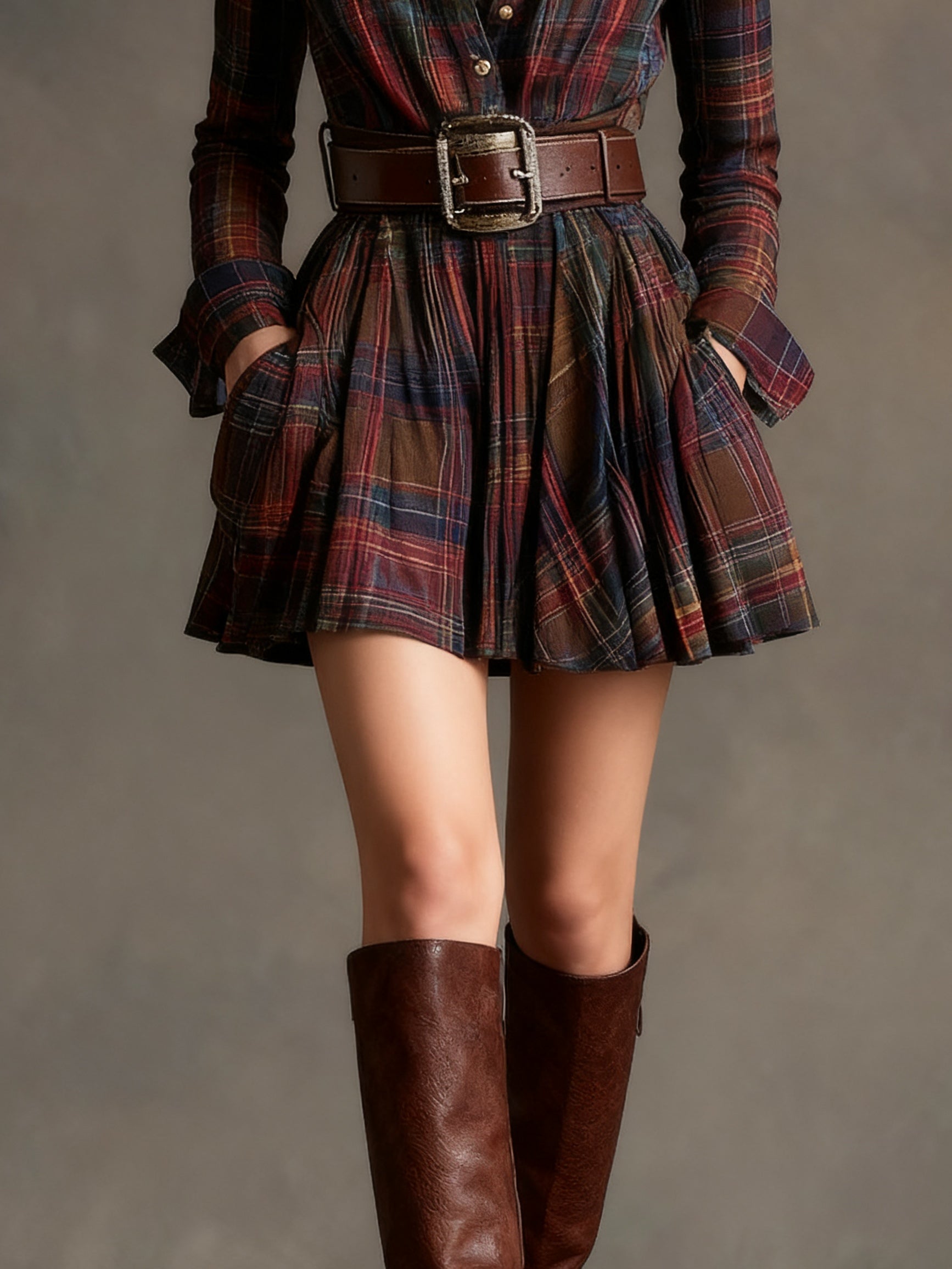 Cinnamon | Mini Vintage Dress in Red and Brown Checkered (with belt)