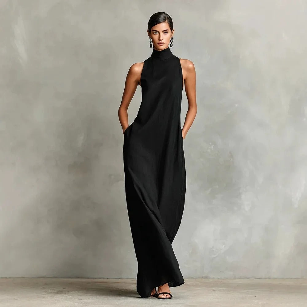 Marina Loose Long Dress without Sleeves with High Neck