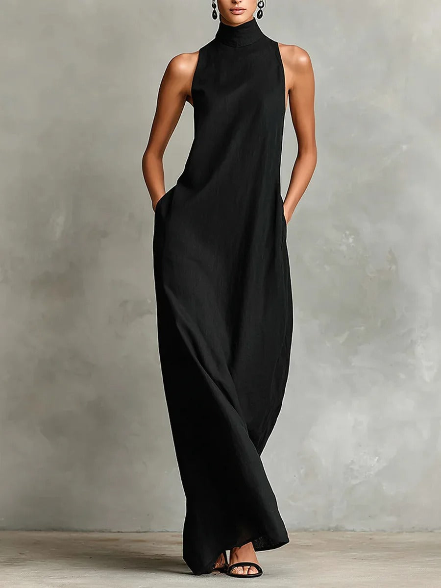 Marina Loose Long Dress without Sleeves with High Neck