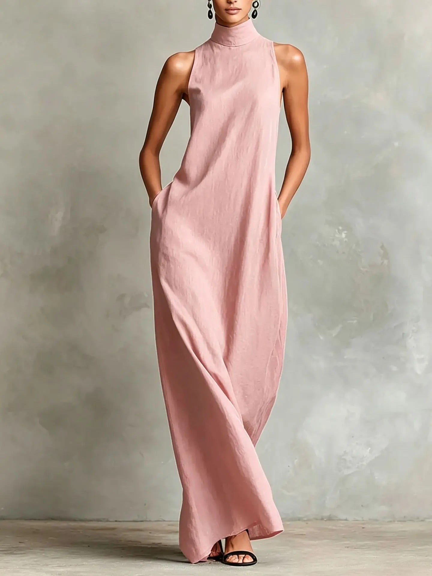 Marina Loose Long Dress without Sleeves with High Neck