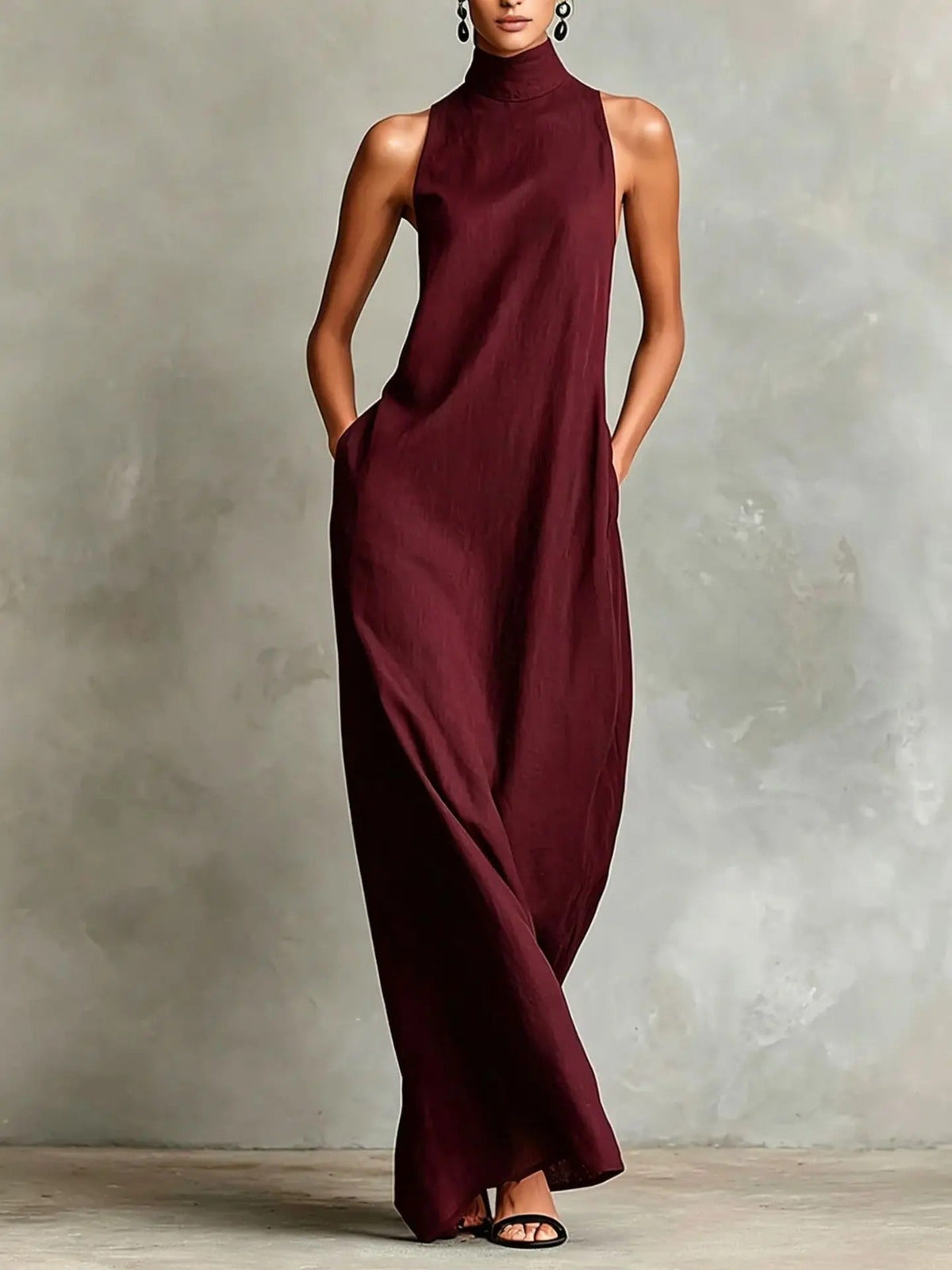 Marina Loose Long Dress without Sleeves with High Neck