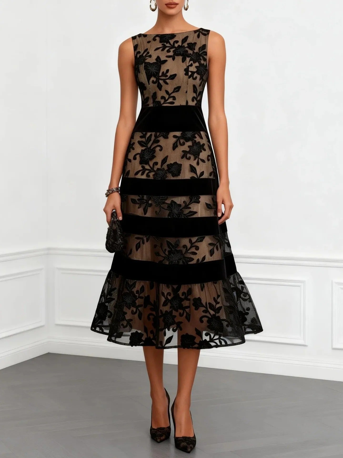 Naomi | Floral Embroidered Tulle Midi Dress