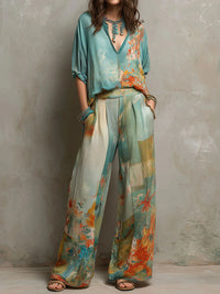 Chiara | Elegant set with floral print and wide-leg pants