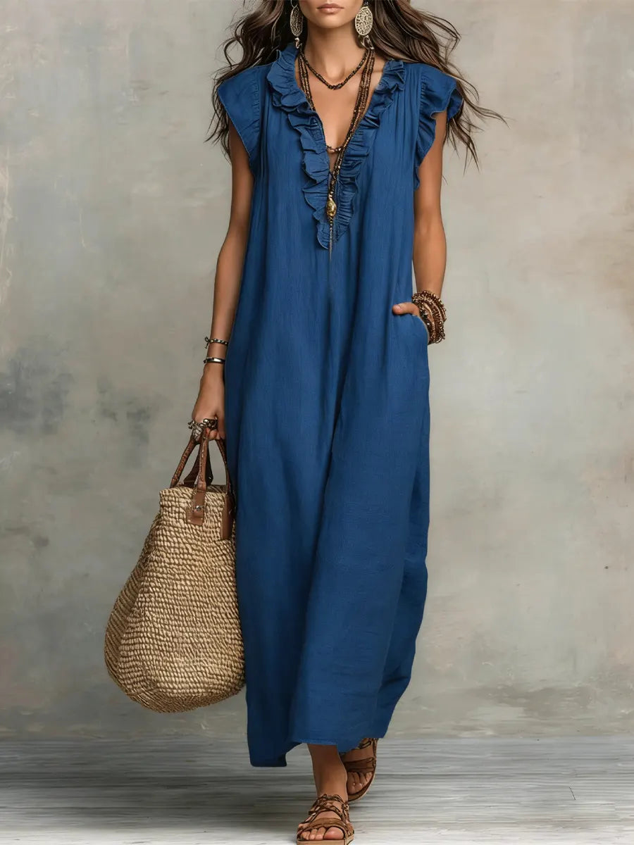 Marisol | Bohemian Long Dress, Ruffled V-Neck