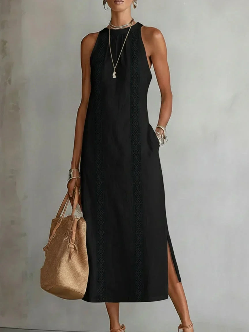 Valeria Elegant Midi Dress with Mao Collar