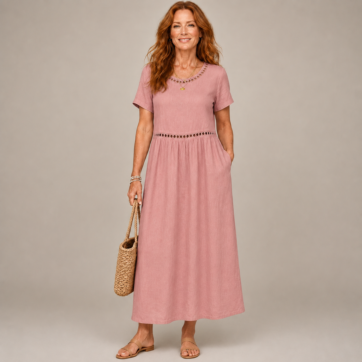 Elin | Embroidered Midi Dress Made of Cotton and Linen