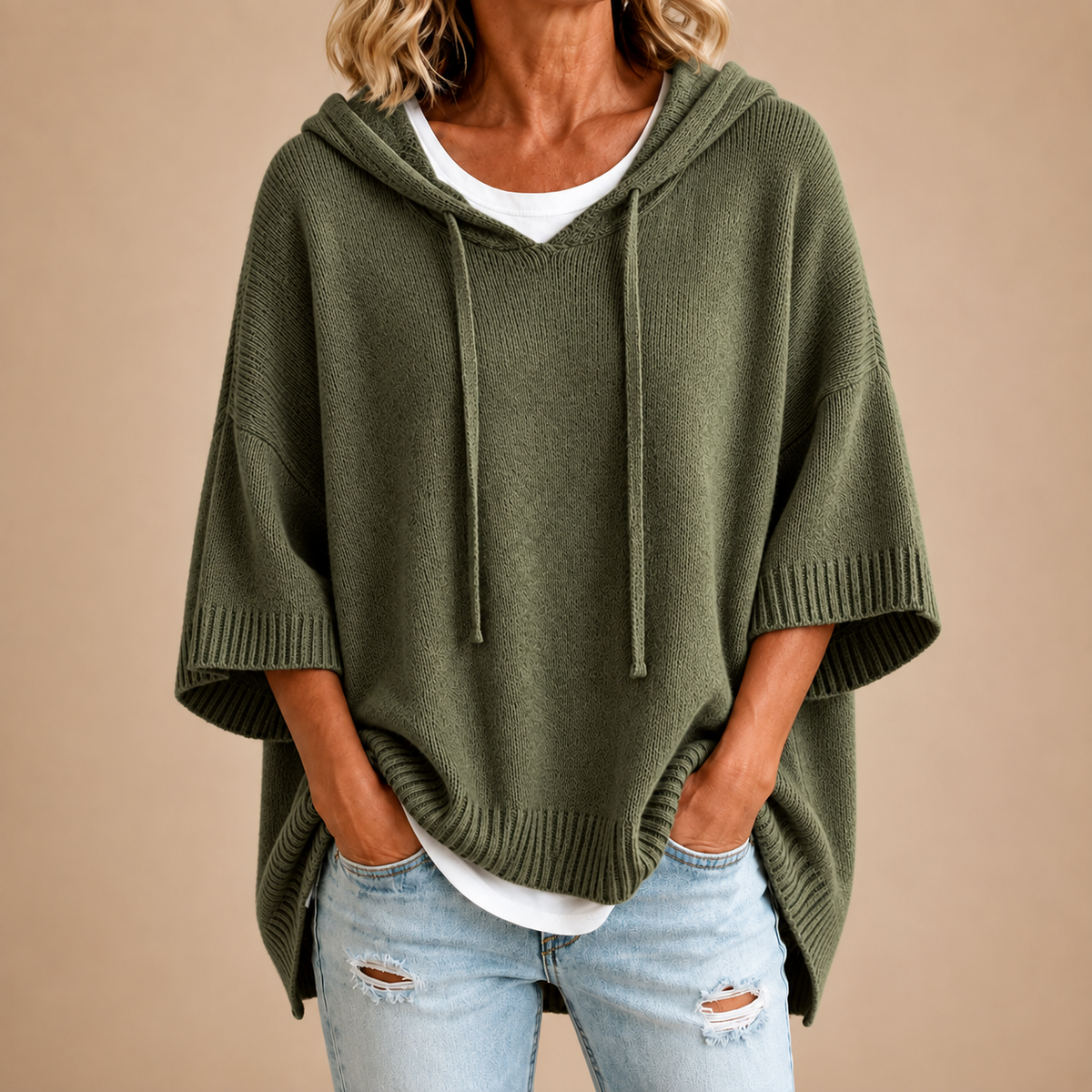 Knit Poncho with Hood in Military Green