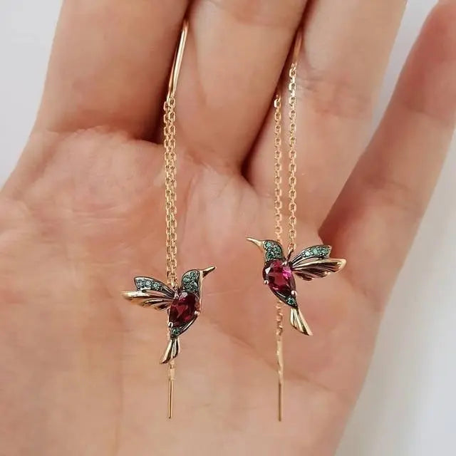 Amalia - Wire Earrings with Hummingbird in Gold and Crystals