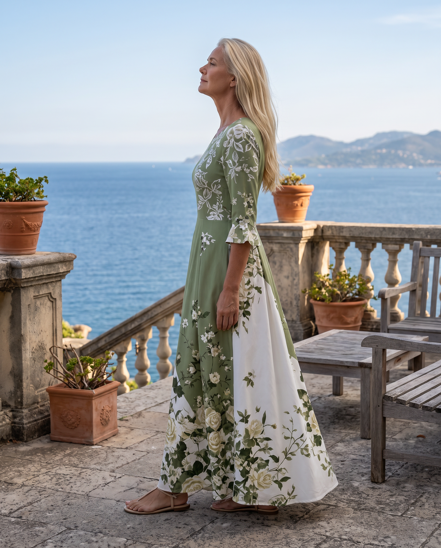 Sage Garden Rose Pocket Maxi Dress