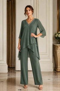 Asymmetric Chiffon Capelet Pant Suit with Wide-Leg Pants