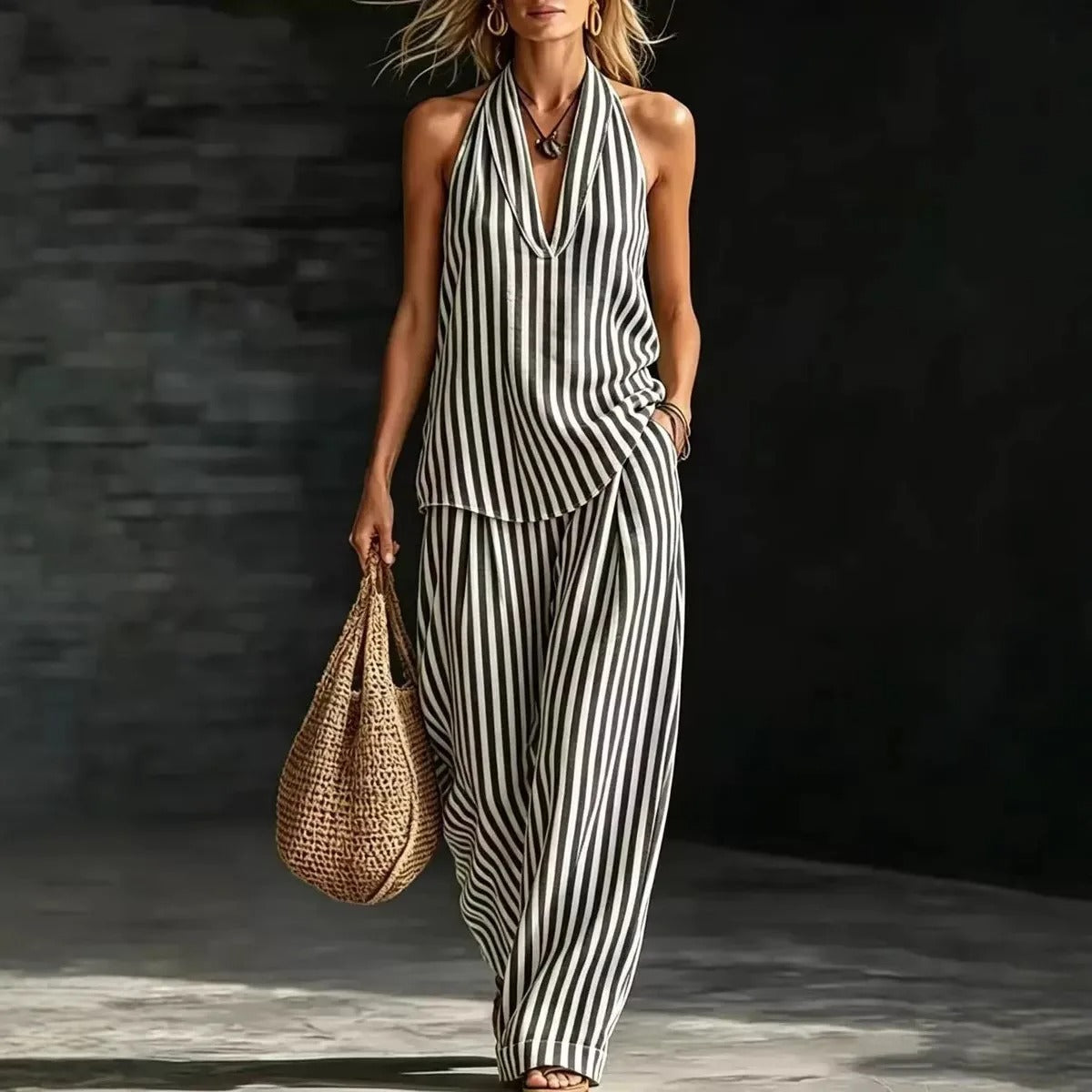 Sofía Linen Effect Set with Halter Top and Wide Striped Pants