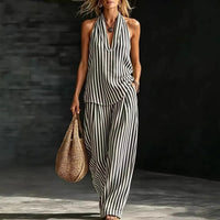 Sofía Linen Effect Set with Halter Top and Wide Striped Pants