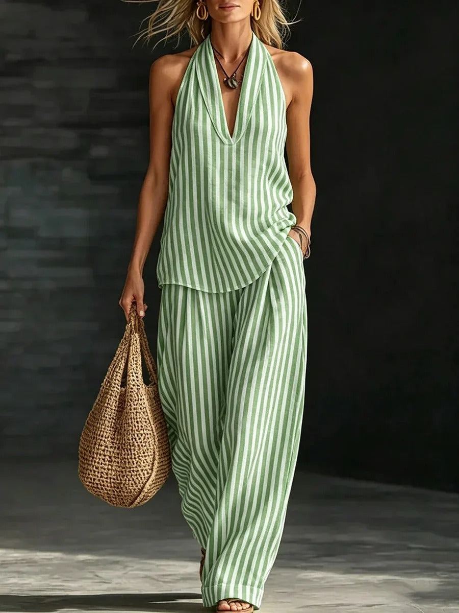 Sofía Linen Effect Set with Halter Top and Wide Striped Pants