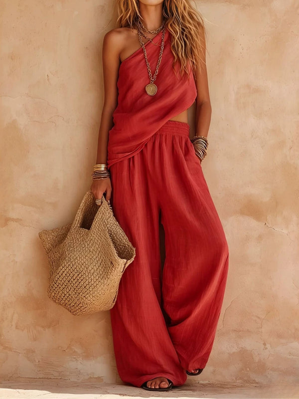 Pink One-shoulder Sleeveless Top And Pants Casual Set