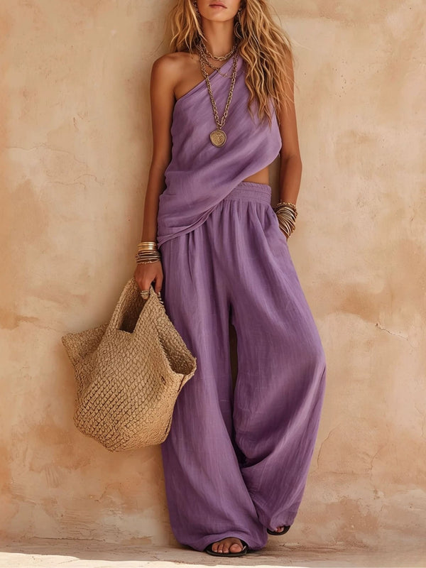Pink One-shoulder Sleeveless Top And Pants Casual Set