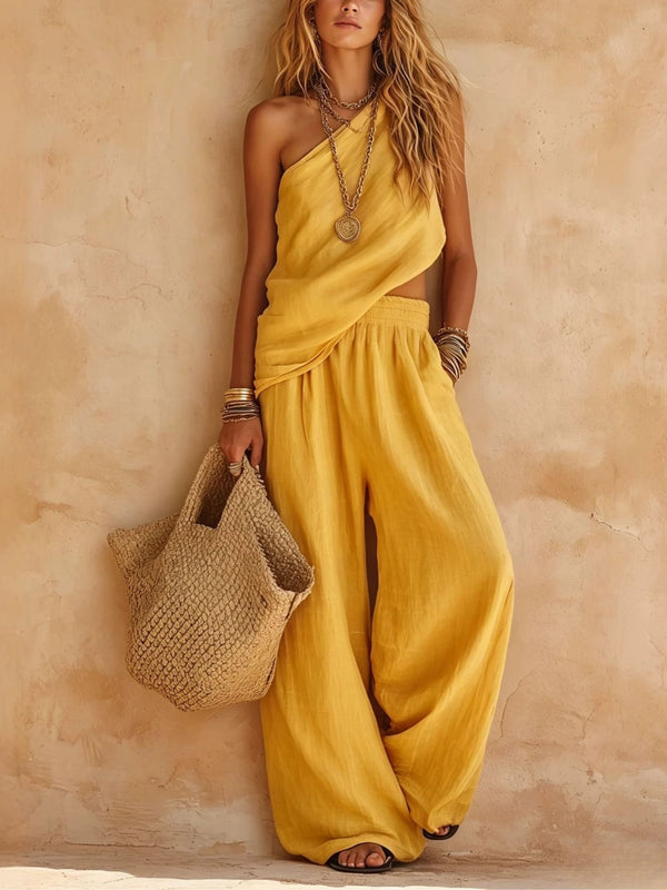 Pink One-shoulder Sleeveless Top And Pants Casual Set
